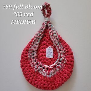 MEDIUM 759 FULL BLOOM 705 RED HANDMADE CROCHETED  HANGING WALL BASKET
